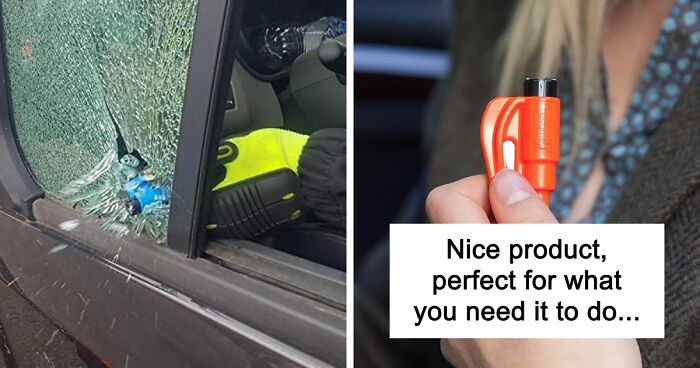 Broken car window with a compact life hack product designed to make adulting easier and improve everyday safety.