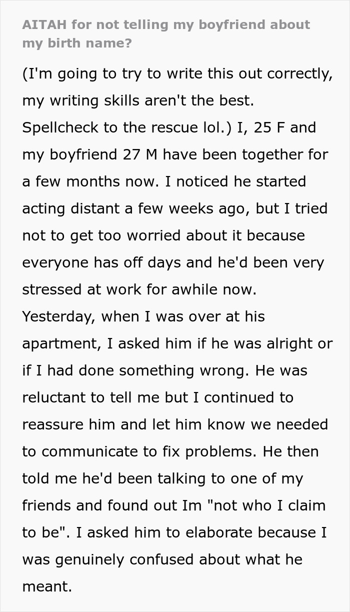 Lady Changes Birth Name At 22 To Forget The Past, BF Finds Out And Starts Using It, She Dumps Him Lady Changes Birth Name At 22 To Forget The Past, BF Finds Out And Starts Using It, She Dumps Him