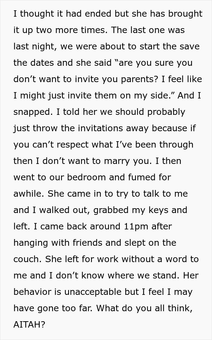 Man Is Livid After Fianc&eacute;e Insists On Inviting His Toxic Parents, Threatens To Cancel Wedding