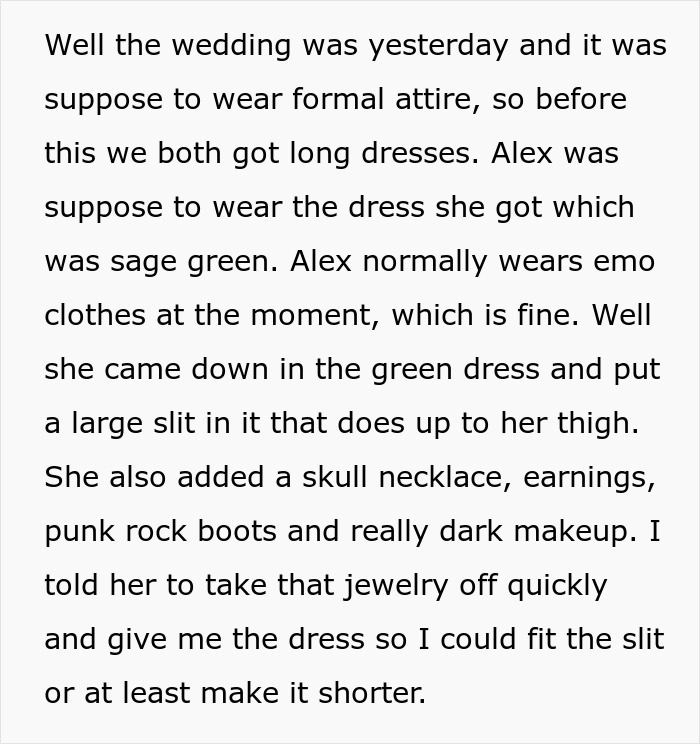 15YO Ruins Dress By Making It Emo Despite It Being Bought For Her Sister’s Wedding, Gets Uninvited 15YO Ruins Dress By Making It Emo Despite It Being Bought For Her Sister’s Wedding, Gets Uninvited