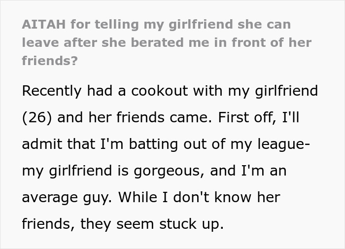 GF Takes Shots At BF’s Shortcomings In Front Of Her Friends, He Tells Her She’s Welcome To Leave GF Takes Shots At BF’s Shortcomings In Front Of Her Friends, He Tells Her She’s Welcome To Leave