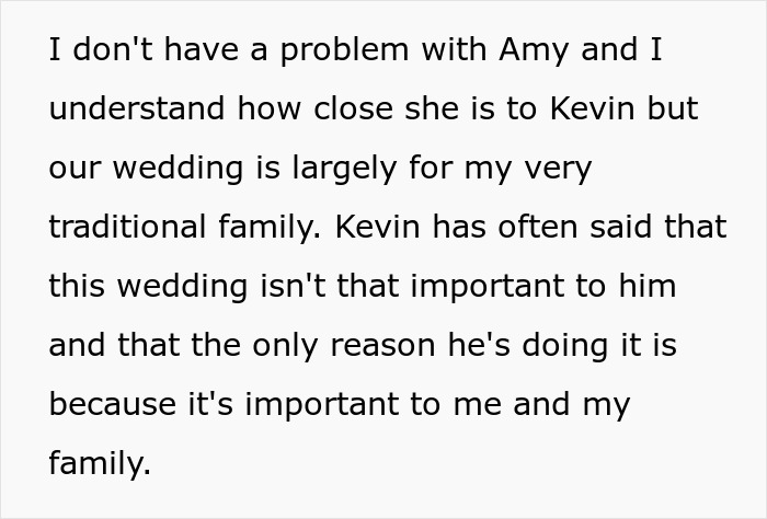 Text expressing concern about the groom's trans friend being best man at a traditional family wedding.