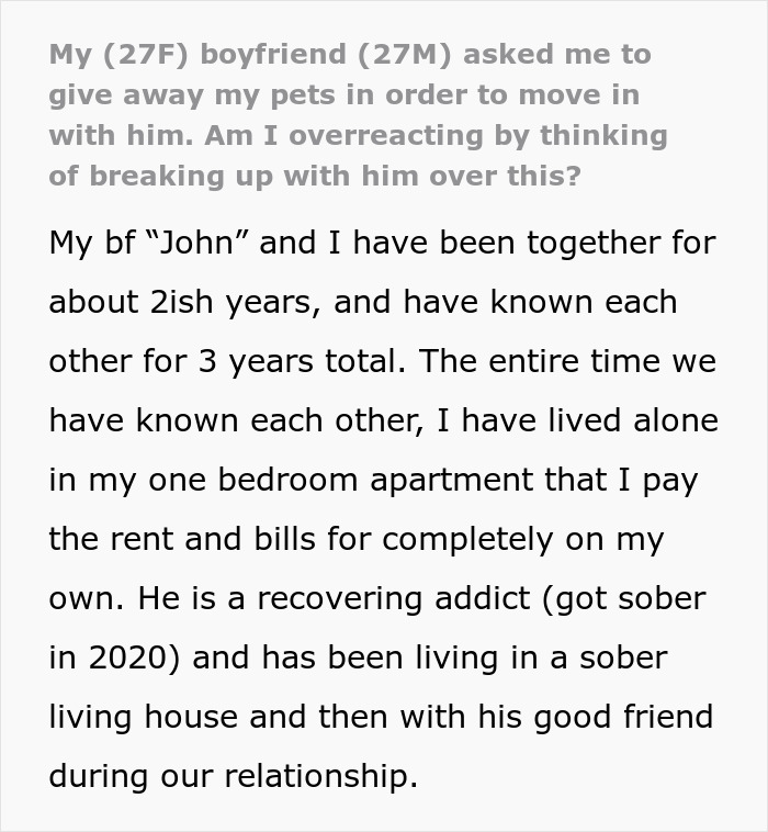 BF Expects GF To Give Away Her Pets To Move In With Him, She Considers Ending The Relationship BF Expects GF To Give Away Her Pets To Move In With Him, She Considers Ending The Relationship