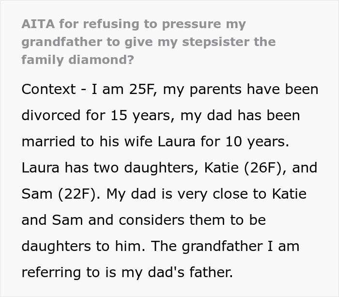 Bride-To-Be Wants Stepsister&rsquo;s Heirloom Diamond For Engagement Ring, But Grandpa Says &ldquo;No Way&rdquo;