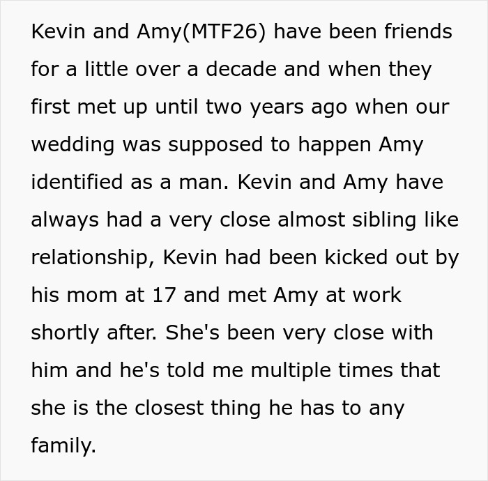 Text discussing groom's friendship with trans best man, causing wedding concerns.