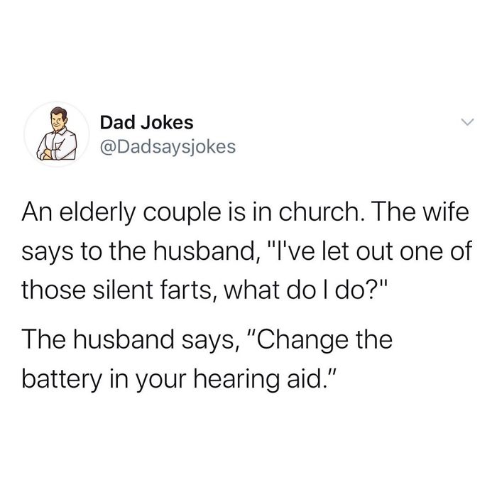 Text from "Dad Jokes" account sharing a humorous exchange between an elderly couple in church.