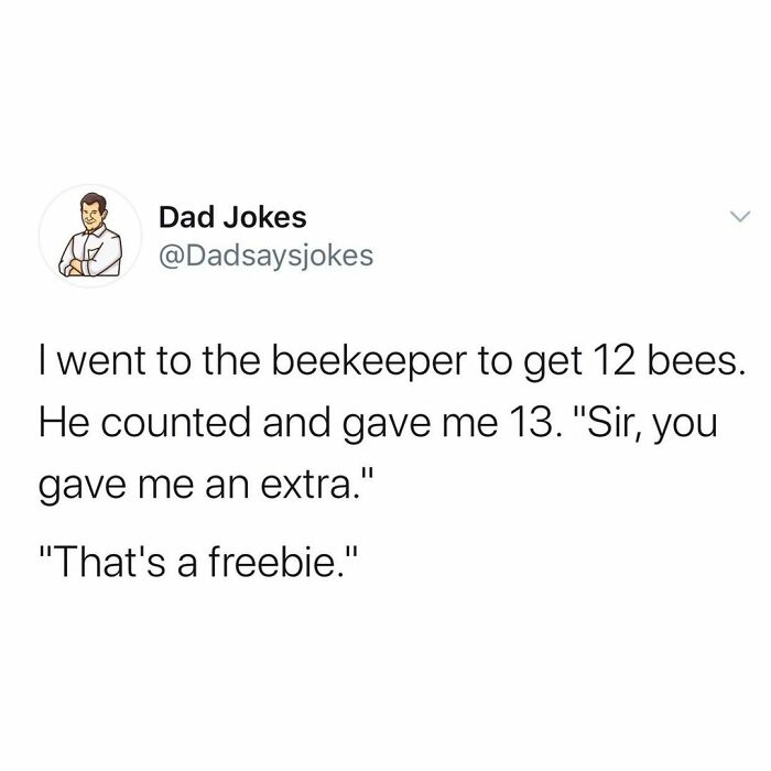 Dad humor post about bees: "I went to the beekeeper for 12 bees, got 13. 'That's a freebie.'"
