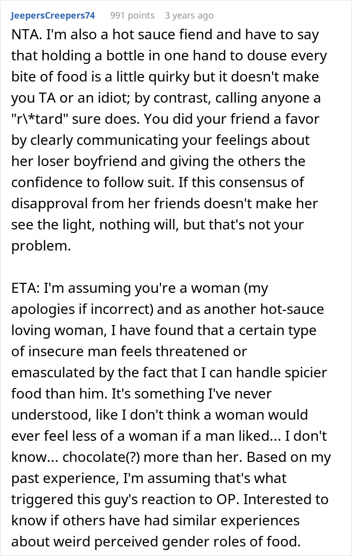 Woman Is Called An Idiot For Liking Hot Sauce By Her Friend&rsquo;s BF, Harshly Tells Him Off And Leaves