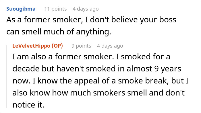 Boss Threatens Employee With A Write-Up After They Complained About Him Stinking Of Smoke