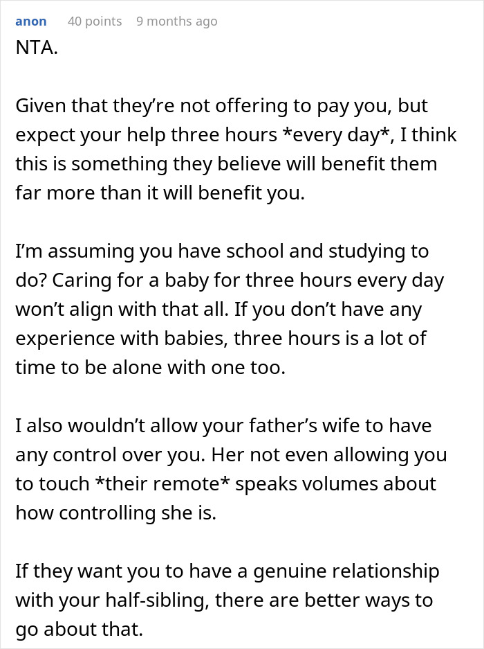 Teenager Rejects Father&rsquo;s Request To Babysit Newborn Half Brother For Three Hours Daily