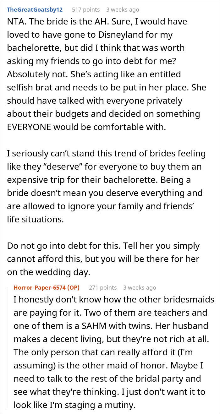 Bride Wants A 3-Day Destination Bachelorette Party At Disney, Loses It When MOH Backs Out Bride Wants A 3-Day Destination Bachelorette Party At Disney, Loses It When MOH Backs Out