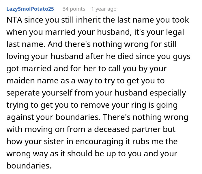 Widow Finally Blows Up At Entitled Sister Who Uses Her Maiden Name Despite Being Told Not To