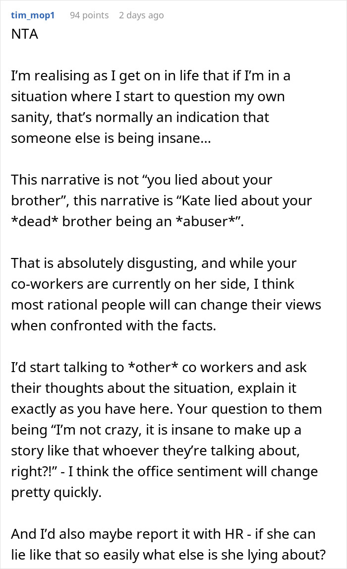Woman Gets Bashed For Not Mentioning Her Brother Is Dead After Coworker Spread Rumors About Him Woman Gets Bashed For Not Mentioning Her Brother Is Dead After Coworker Spread Rumors About Him