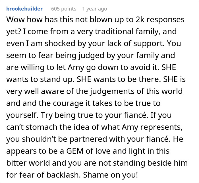 Comment discussing fear of judgment and support for a trans friend at a wedding.
