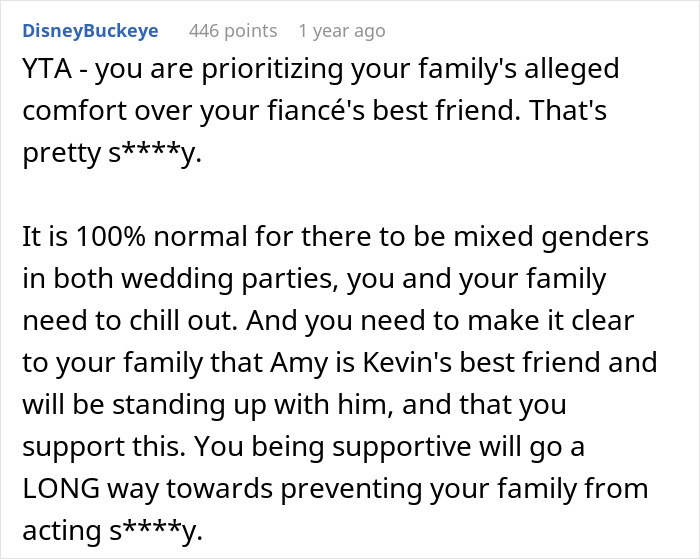 Reddit comment criticizing a bride for not supporting her fianc&eacute;'s trans best friend as best man.