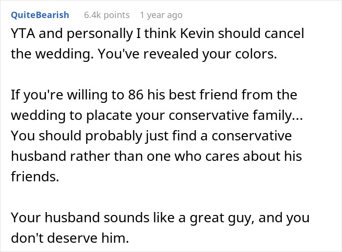 Reddit comment criticizing a bride's stance on groom&rsquo;s trans friend, suggesting wedding cancellation.