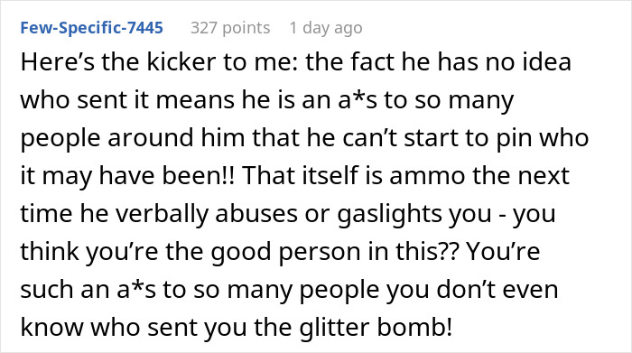 “Enjoy Your Glitter Bomb”: Sparkly Genitalia Confetti Sticks To Man As Stepdaughter Gets Revenge “Enjoy Your Glitter Bomb”: Sparkly Genitalia Confetti Sticks To Man As Stepdaughter Gets Revenge