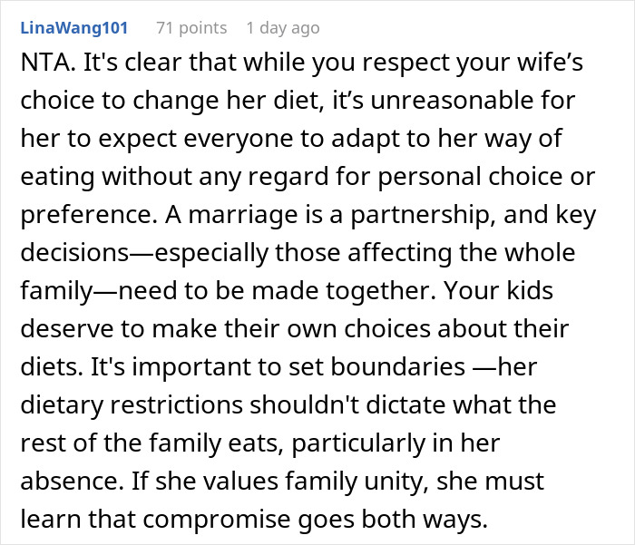 "AITA For Secretly Cheating On Our Vegetarian Diet That My Wife Made Our Family Do?"