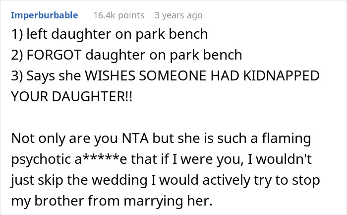 “AITA For Refusing To Attend My Brother’s Wedding After My SIL Left My 2-Month-Old On A Park Bench?” “AITA For Refusing To Attend My Brother’s Wedding After My SIL Left My 2-Month-Old On A Park Bench?”
