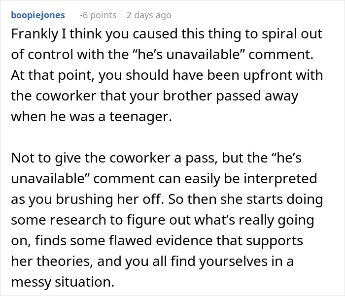 Woman Gets Bashed For Not Mentioning Her Brother Is Dead After Coworker Spread Rumors About Him Woman Gets Bashed For Not Mentioning Her Brother Is Dead After Coworker Spread Rumors About Him