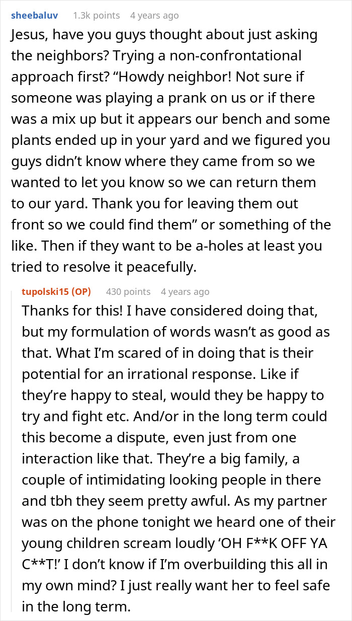 &ldquo;We Called The Police&rdquo;: Newcomer Discovers Her Bench And Plants Displayed In Neighbors&rsquo; Yard