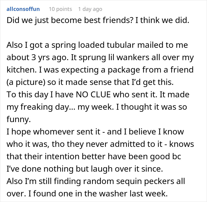 “Enjoy Your Glitter Bomb”: Sparkly Genitalia Confetti Sticks To Man As Stepdaughter Gets Revenge “Enjoy Your Glitter Bomb”: Sparkly Genitalia Confetti Sticks To Man As Stepdaughter Gets Revenge