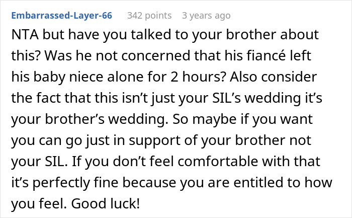 “AITA For Refusing To Attend My Brother’s Wedding After My SIL Left My 2-Month-Old On A Park Bench?” “AITA For Refusing To Attend My Brother’s Wedding After My SIL Left My 2-Month-Old On A Park Bench?”
