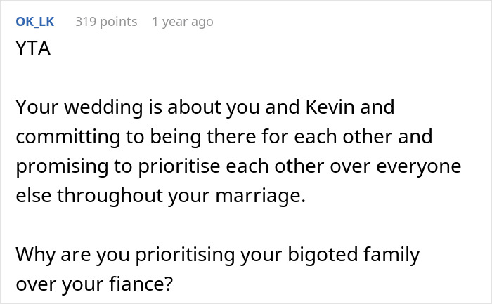 Text discussing prioritizing the wedding couple's commitment over family biases; related to worried bride and trans best man.
