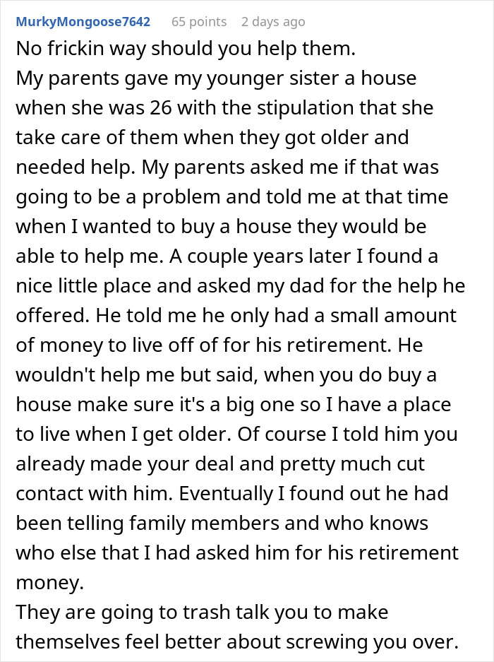 &ldquo;Family Comes First&rdquo;: Man Refuses To Help Parents After They Give Their House To Sister