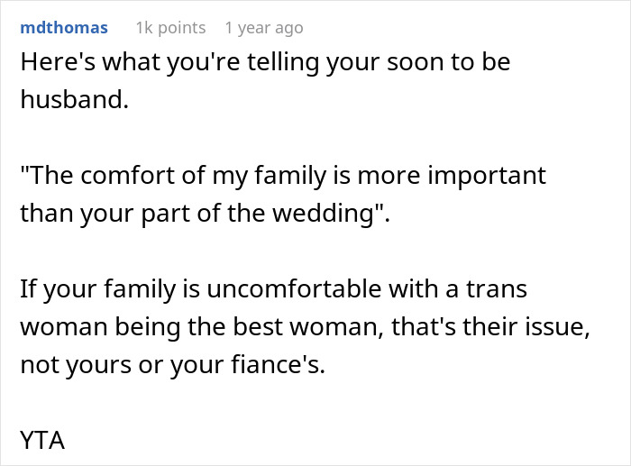 Comment on a bride's concern over a trans best man choice, sparking wedding cancellation threat.