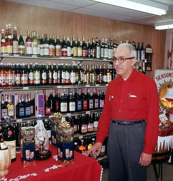 My Proud Grandpa In His Liquor Store Complete With Fake Wooden Panels. 1963