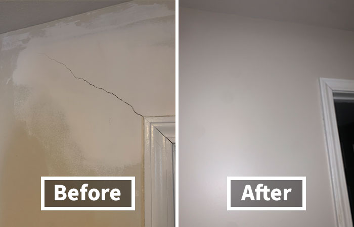 Before and after wall repair showing a crack fixed seamlessly, embodying love at first sight for home improvement.