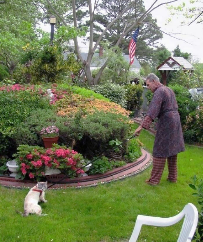 Missing My Grandfather Today, So I Thought I'd Share My Favorite Photo Of Him, Taken Two Years Ago When He Decided To Try And Walk My Cat For Me