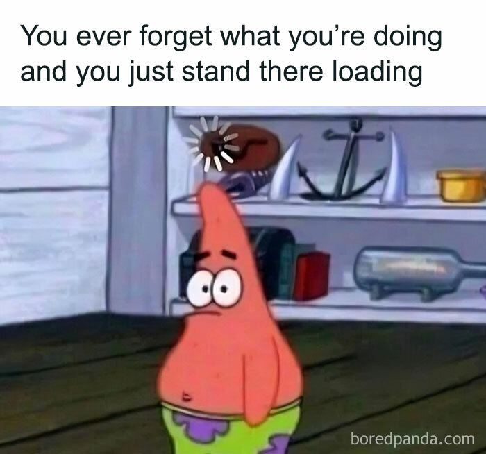 Patrick Star standing confused with a loading icon above him, capturing a relatable SpongeBob meme moment.