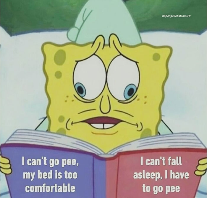 SpongeBob meme depicting bedtime struggles with a humorous expression.