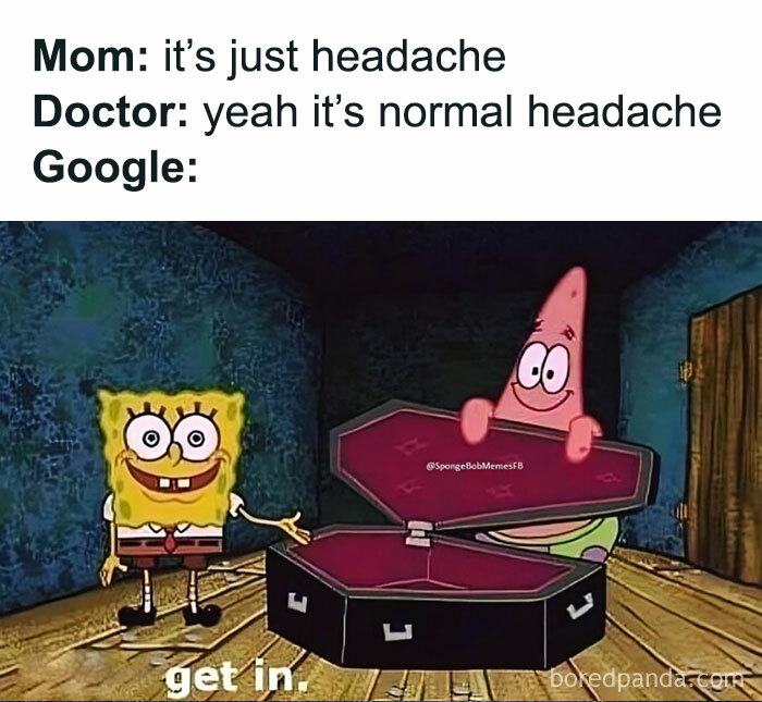 SpongeBob and Patrick humorously reacting to Google search results in a relatable meme setup.