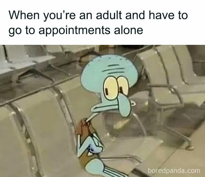 Squidward from SpongeBob sitting anxiously alone in a waiting area, representing hilariously relatable memes.