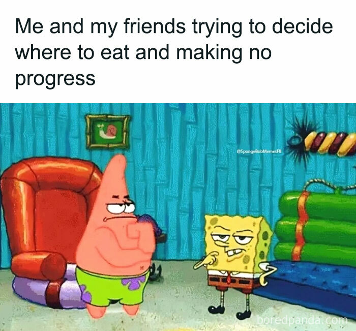 SpongeBob and Patrick looking frustrated, capturing a relatable decision-making meme.