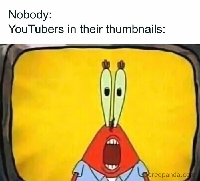 SpongeBob meme with Mr. Krabs looking surprised, comparing YouTuber thumbnails.