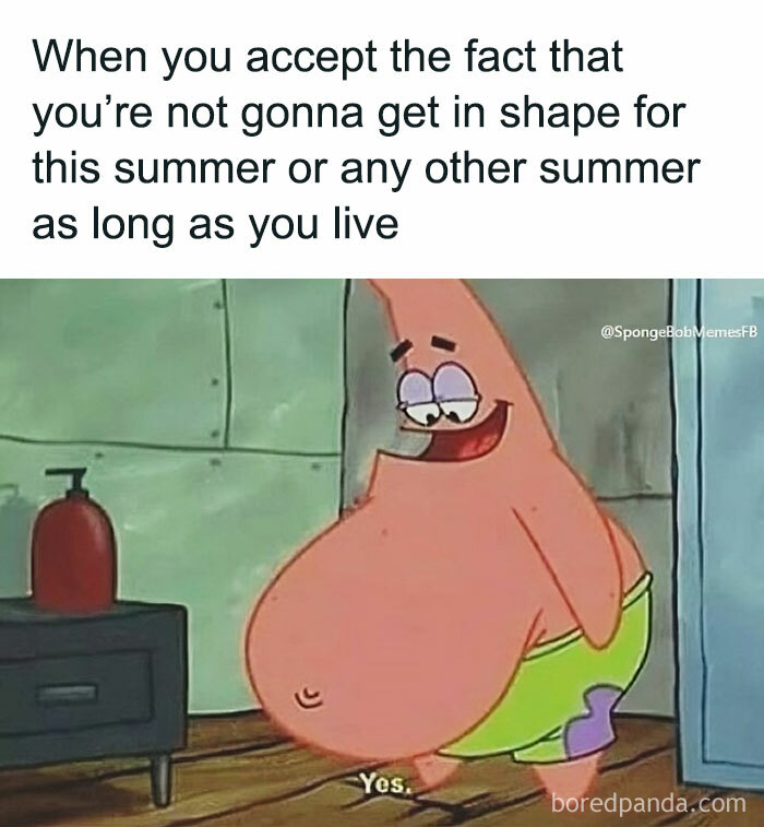 Patrick Star humorously embraces his belly in a relatable SpongeBob meme.