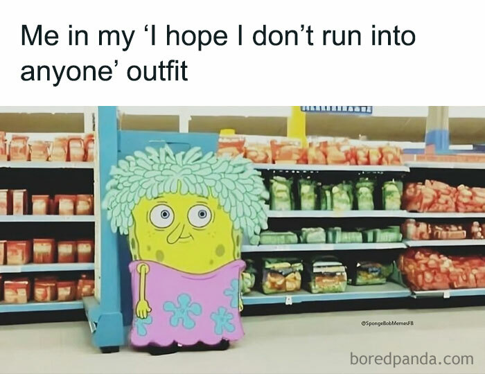 SpongeBob meme showing him in a funny disguise at a grocery store with text about avoiding people.