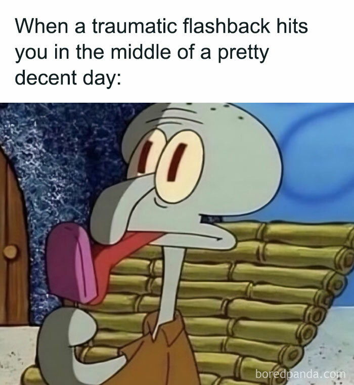 Squidward making a funny face, capturing a relatable meme moment from SpongeBob.