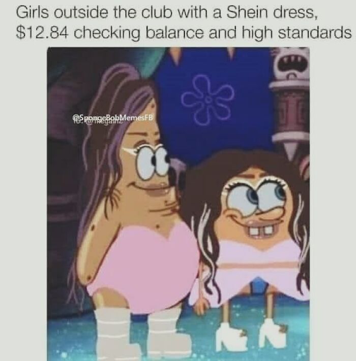 SpongeBob meme with characters in dresses, capturing relatable humor about fashion and finances.