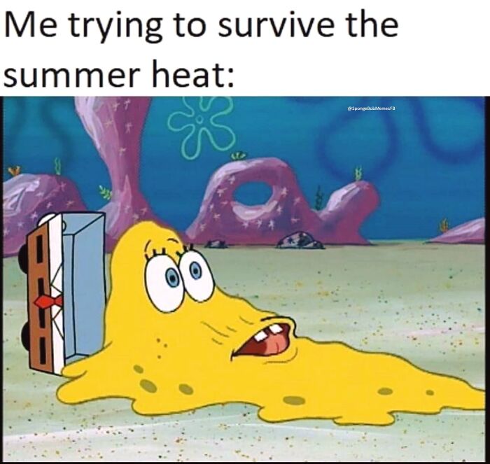 SpongeBob meme showing him melted on the ground, humorously depicting the struggle with summer heat.