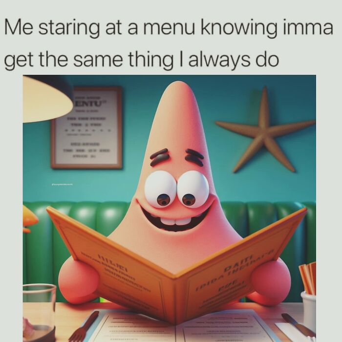 Animated starfish character humorously reads a menu, capturing the essence of relatable SpongeBob memes.