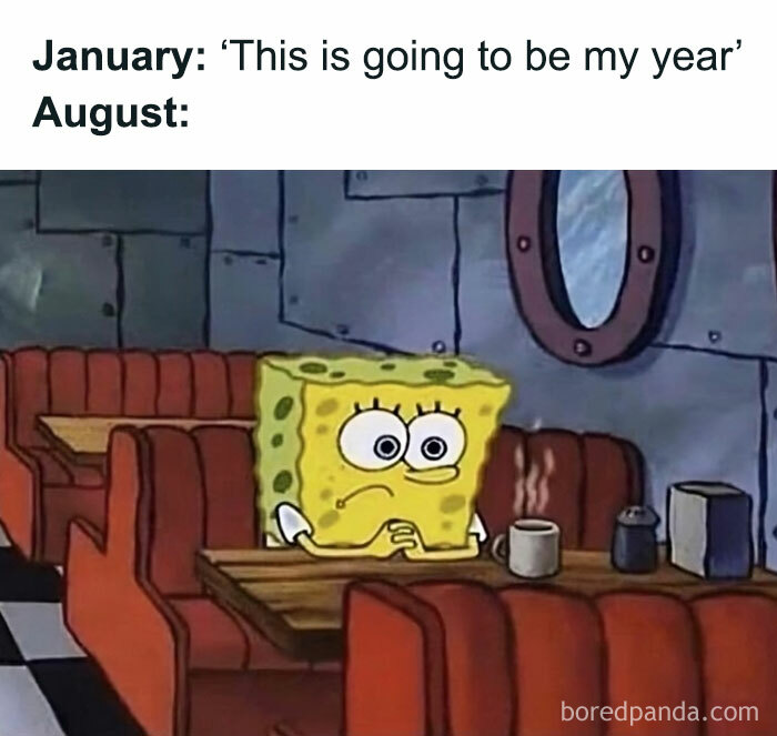 SpongeBob sitting at a diner booth, looking contemplative, with the caption about yearly aspirations.