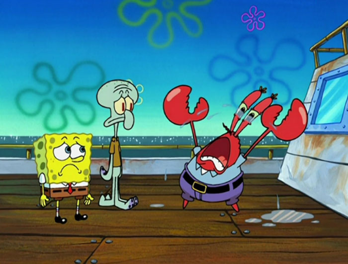 SpongeBob, Squidward, and Mr. Krabs on the Krusty Krab deck, portraying emotions tied to Mr. Krabs death mystery. SpongeBob, Squidward, and Mr. Krabs on the Krusty Krab deck, portraying emotions tied to Mr. Krabs death mystery.