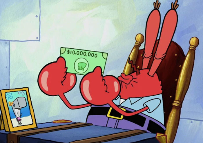 Mr. Krabs holding a $10 million bill while sitting in a chair, related to how did Mr. Krabs die mystery in SpongeBob. Mr. Krabs holding a $10 million bill while sitting in a chair, related to how did Mr. Krabs die mystery in SpongeBob.