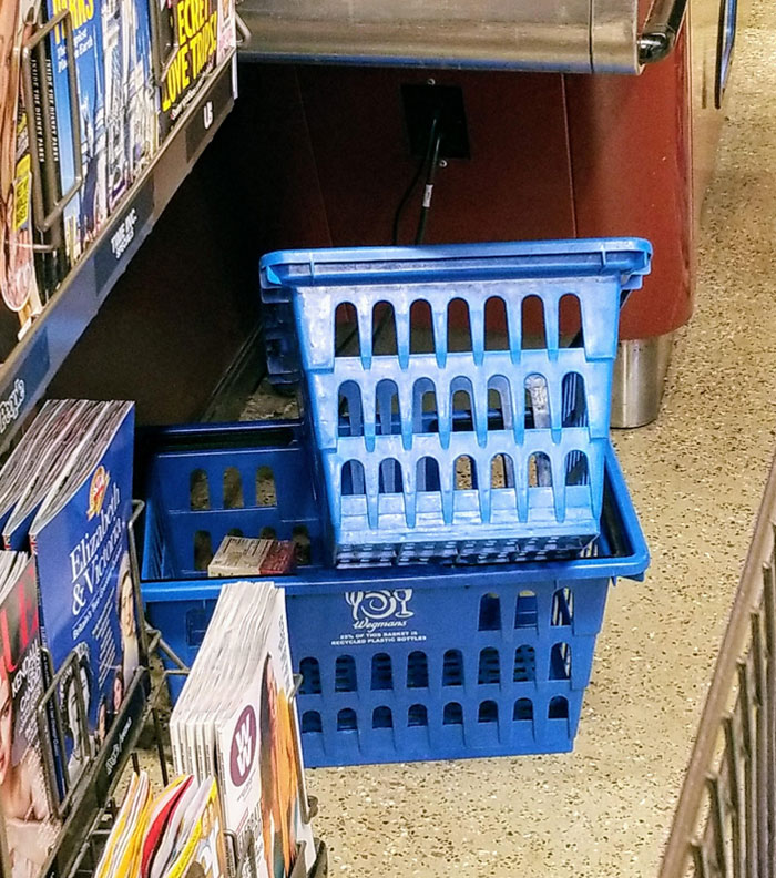 Stack The Baskets Properly. It's Not Hard, It Takes 3 Seconds, And If You Leave Them Like This, It Just Infuriates The Other Shoppers