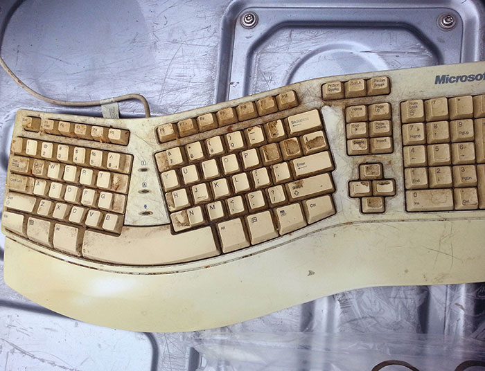 This Keyboard I Picked Up From A Customer. That's Not Just Sticky Dirt Between The Keys. There's Hair, And I Don't Think They Had Animals 
